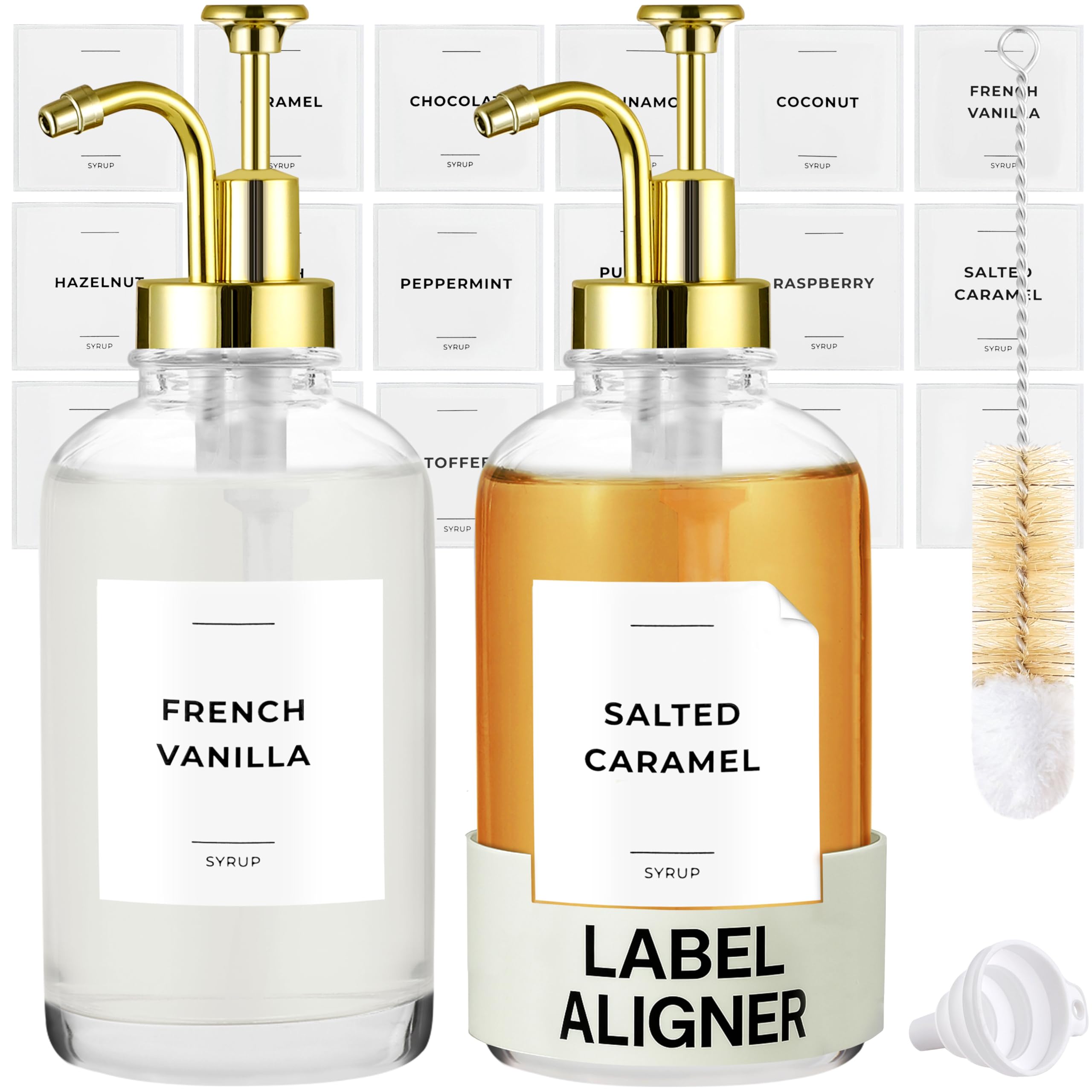 Spaceneat Coffee Syrup Dispenser with Pump - Includes 24 Flavour Labels - Glass Syrup Dispenser for Coffee Bar - Elevate your Beverage Station with 500 ml Flavouring Container Bottles, 2pcs, Gold