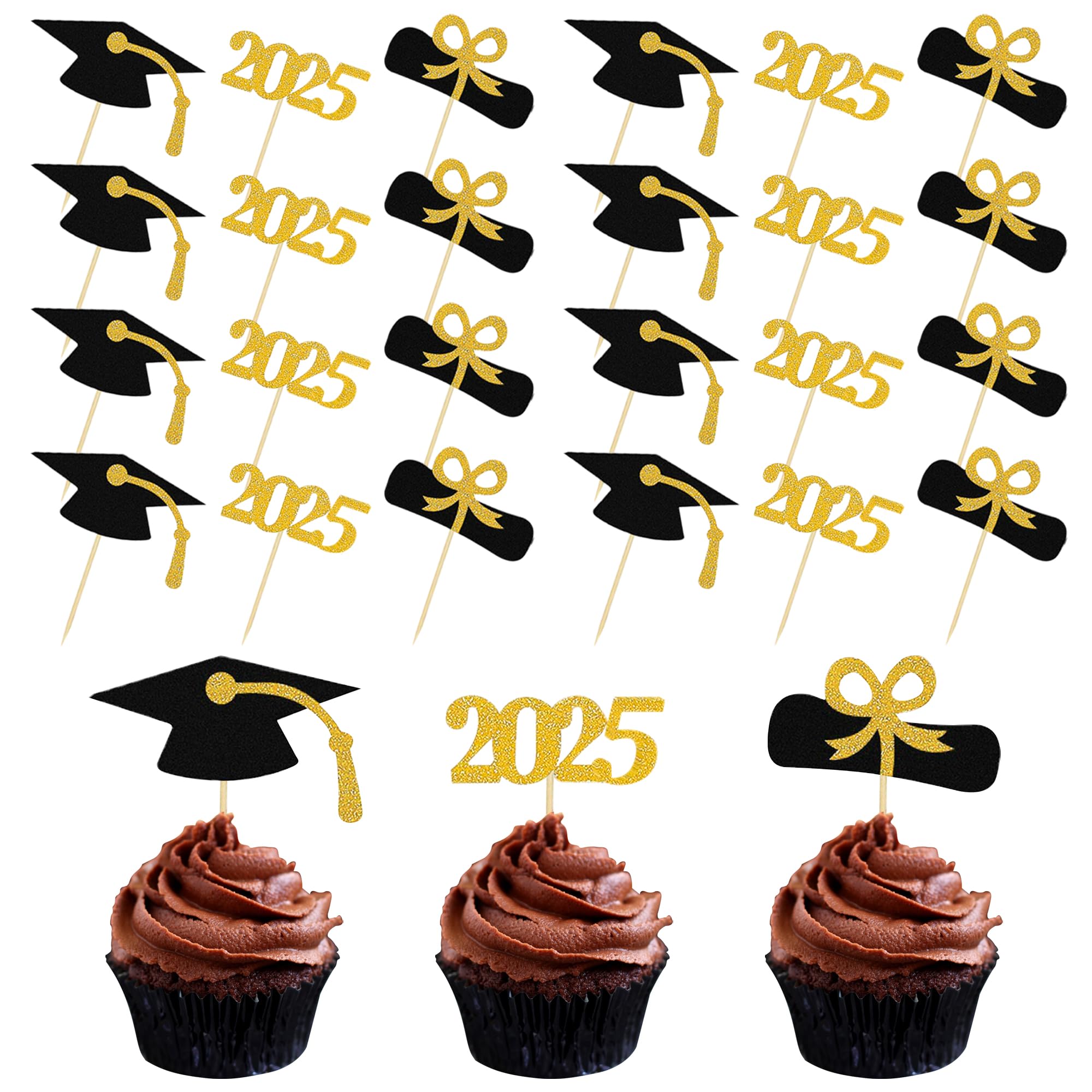 Photo 1 of 24 PCS Graduation Cupcake Toppers - Glitter Class of 2025 Decorations - Grad Cap & Diploma Cake Picks - Black and Gold Graduation Theme Party Supplies (24)