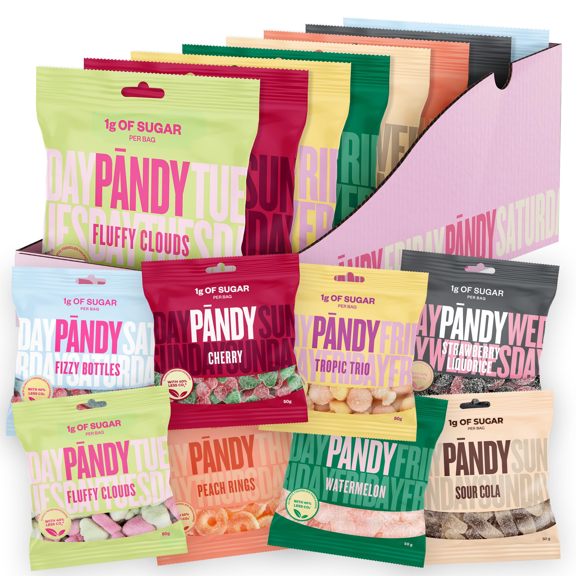 Pändy zuckerfreie Gummibärchen mit 100% Geschmack - 8x 50g Probierpaket - zuckerfreie Süssigkeiten (<1g Zucker) - glutenfreie Süßigkeiten ohne Zucker - kalorienarme, low carb, gesunde Snacks