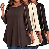 Evervibe 3 Pack Plus Size 3/4 Sleeve Tunics Tops for Curvy Women, Loose Fit Casual Comfy Swing Flare T-shirts for Leggings