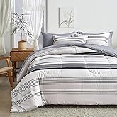 Flysheep 3 Pcs Gray Striped Boho Comforter Set Full/Queen Size, Grey and Black Stripes on White, Soft Microfiber Reversible Modern Bedding for All Season