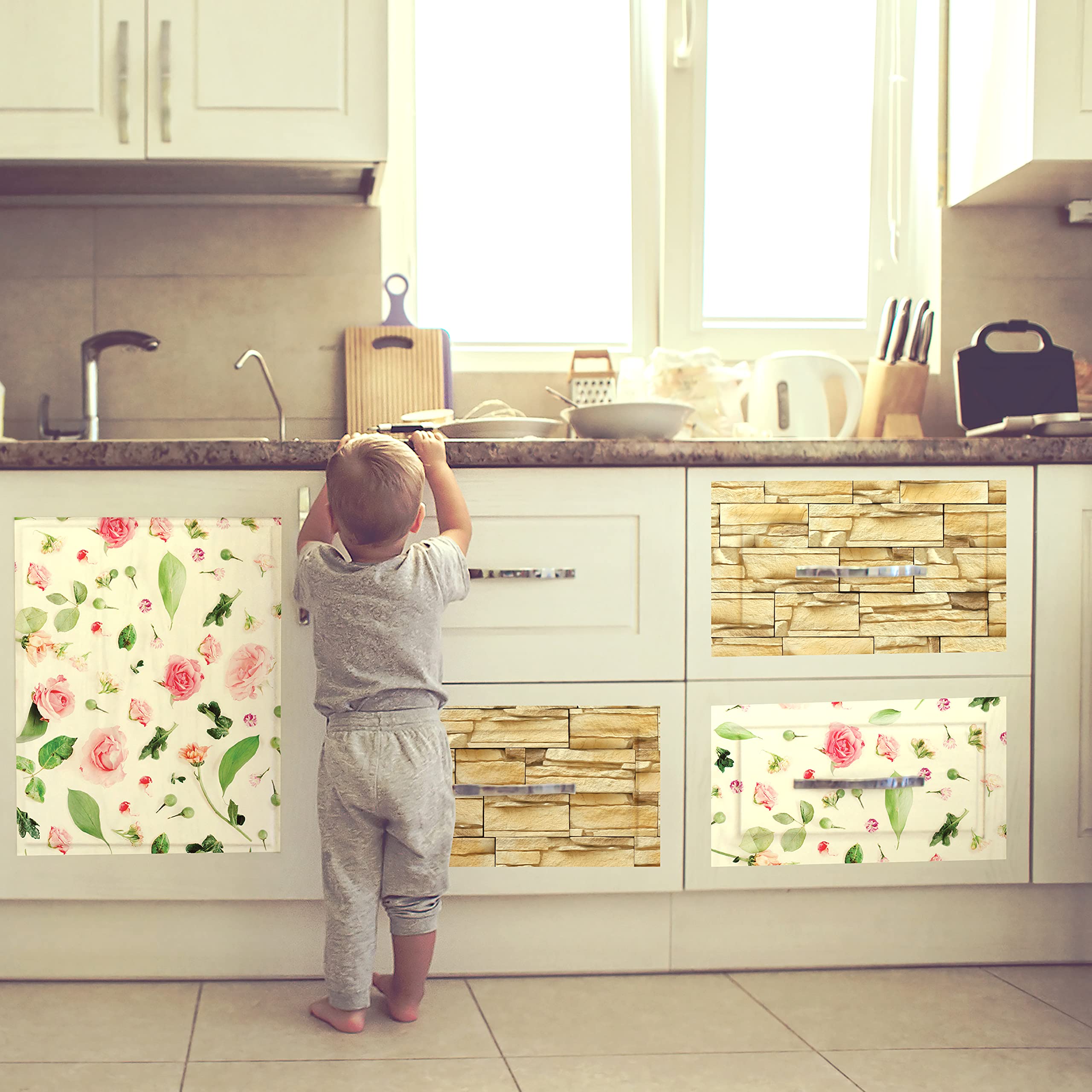 WALPLUS FW4921-COM-WM5110x2/WM5111x2 Flower and Rock Pattern Self-Adhesive Decal Furniture Wrap, Vinyl, Multi-Colour, 64 x 5.5 x 5.5 cm