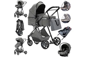 Zkiprm 3 in 1 Stroller, Infant Stroller with Automobile Seat, Portable Baby Stroller, One-Click Folding, Combination Stroller Landscape High Aluminum Frame (deep Gray)