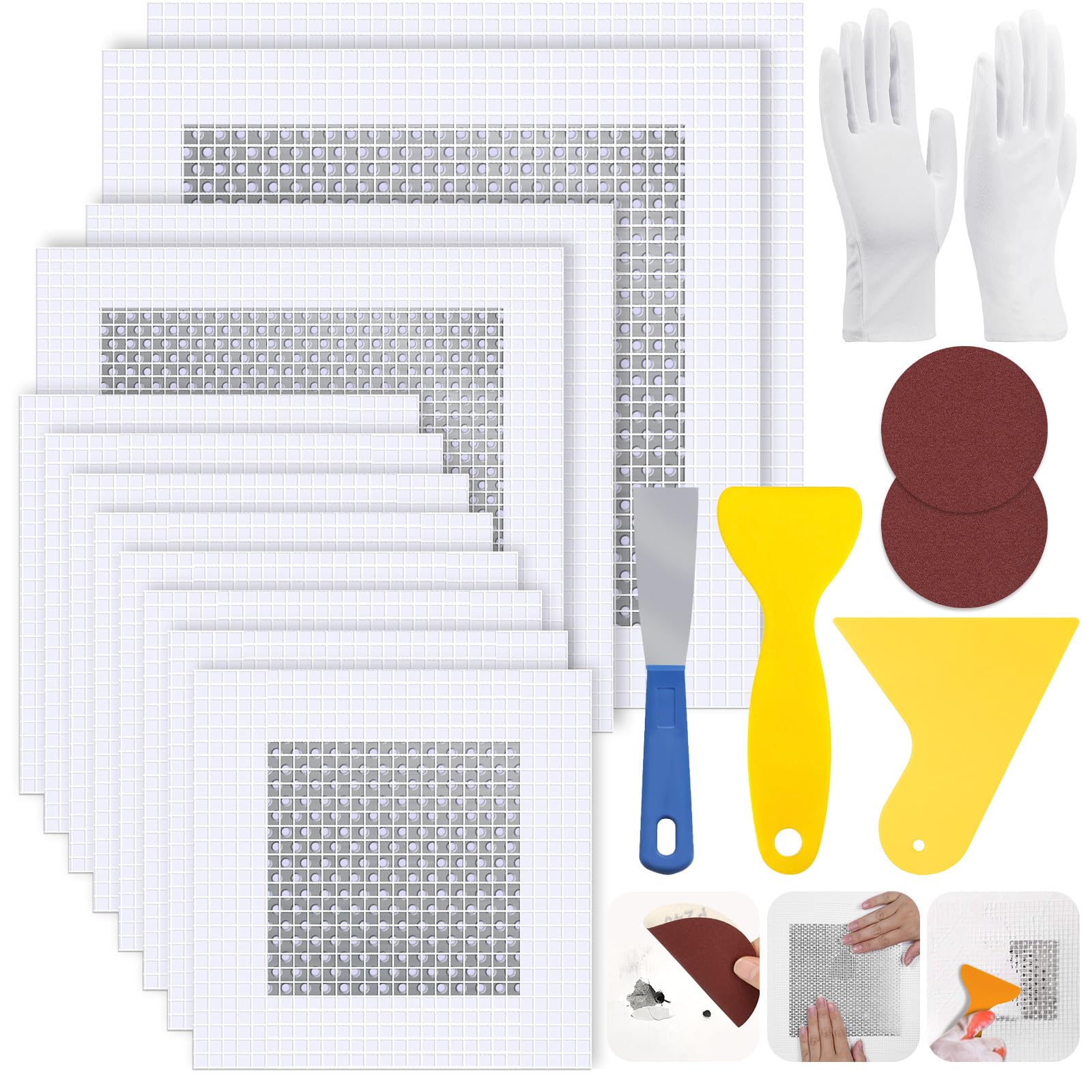 Photo 1 of 12 PCS 4/6/8 Inch Wall Repair Patch Kit, Aluminum Mesh Dry Wall Hole Repair Patch with Scraper Sandpapers Gloves Heavy Duty Wall Repair for Large Holes Quick Fixes
