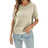 Famulily Womens Summer Boho Crochet Knit See Through Sweaters Tops Casual Short Sleeve Crew Neck Sweater Shirts
