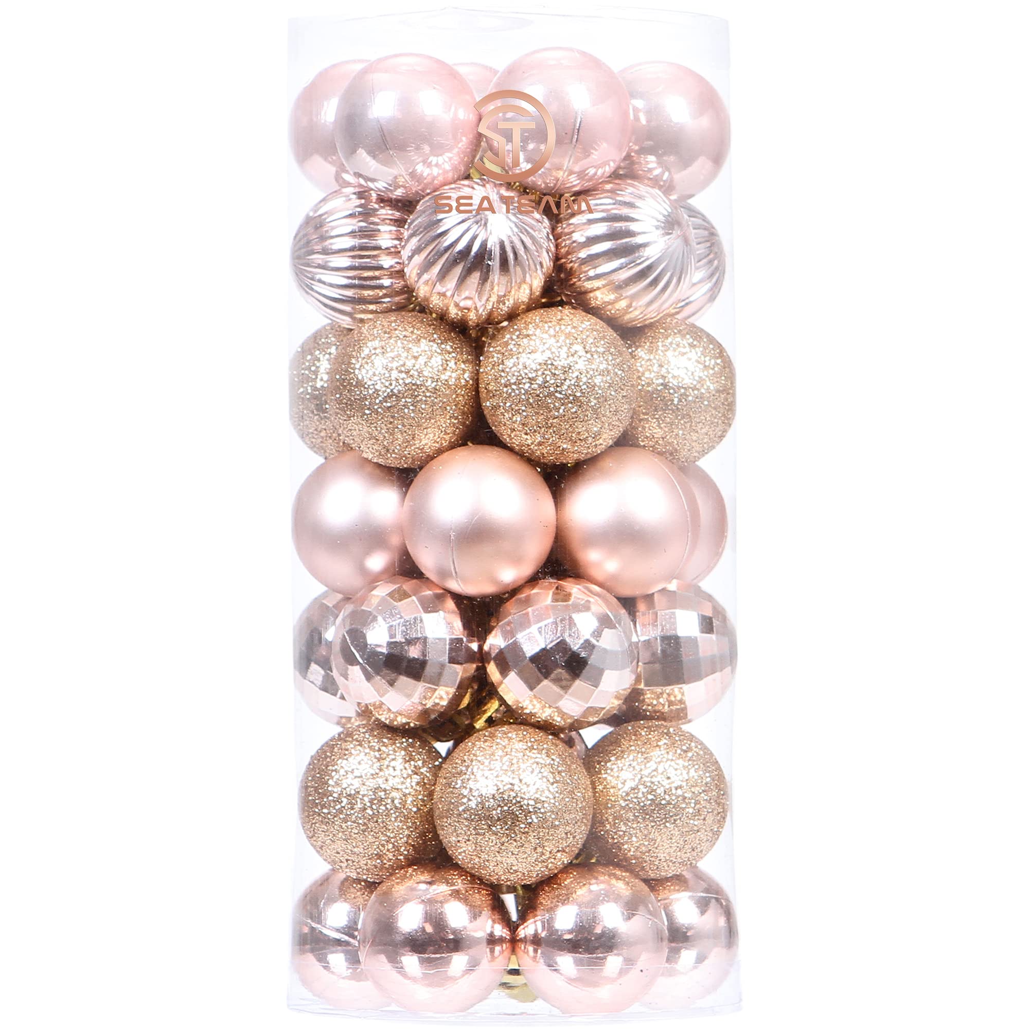 Sea Team 46-Pack Christmas Ball Ornaments with Strings, 30mm/1.18" Mini Size Baubles, Shatterproof Plastic Christmas Bulbs, Hanging Decorations for Xmas Tree, Holiday, Wedding, Party, Rose Gold