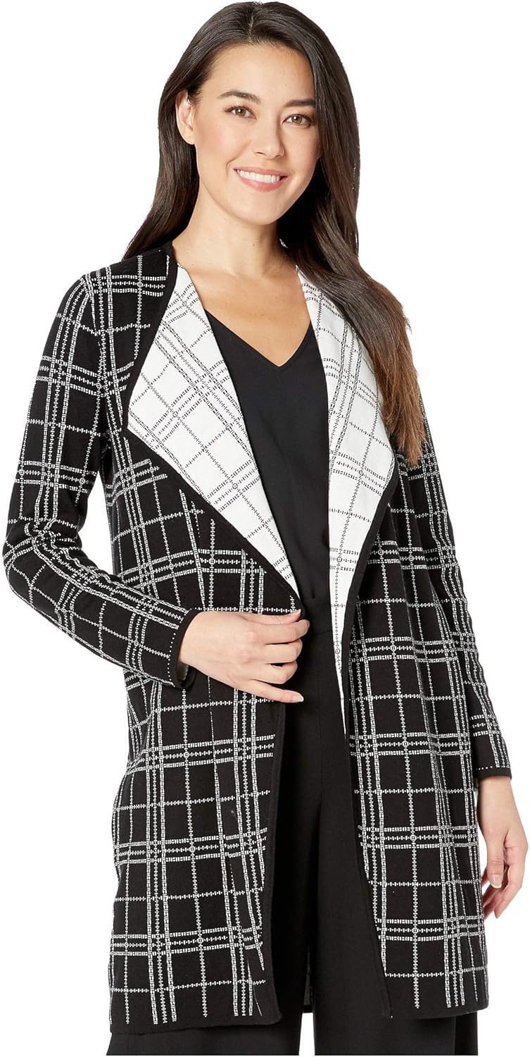 Vince Camuto Specialty Size Petite Long Sleeve Plaid Open Front Maxi Cardigan Rich Black PS at 