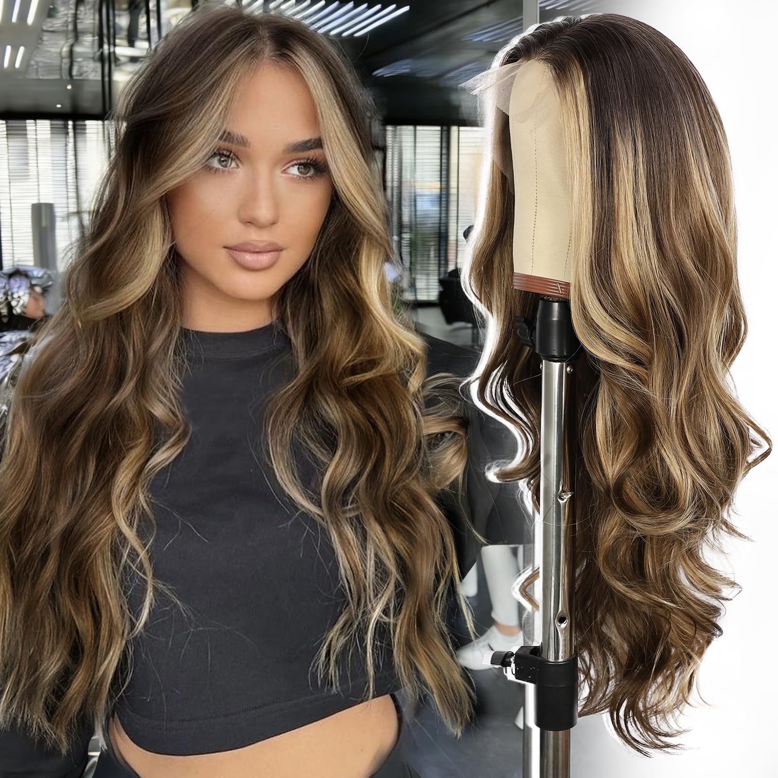 SOMIARIK Dark Brown Highlight Blonde Lace Front Wig 13x4 Synthetic Lace Front Glueless Heat Resistant Fiber Hair Transparent Lace Long Wavy Wig for Women Pre plucked with Baby Hair 26 Inch — image 1