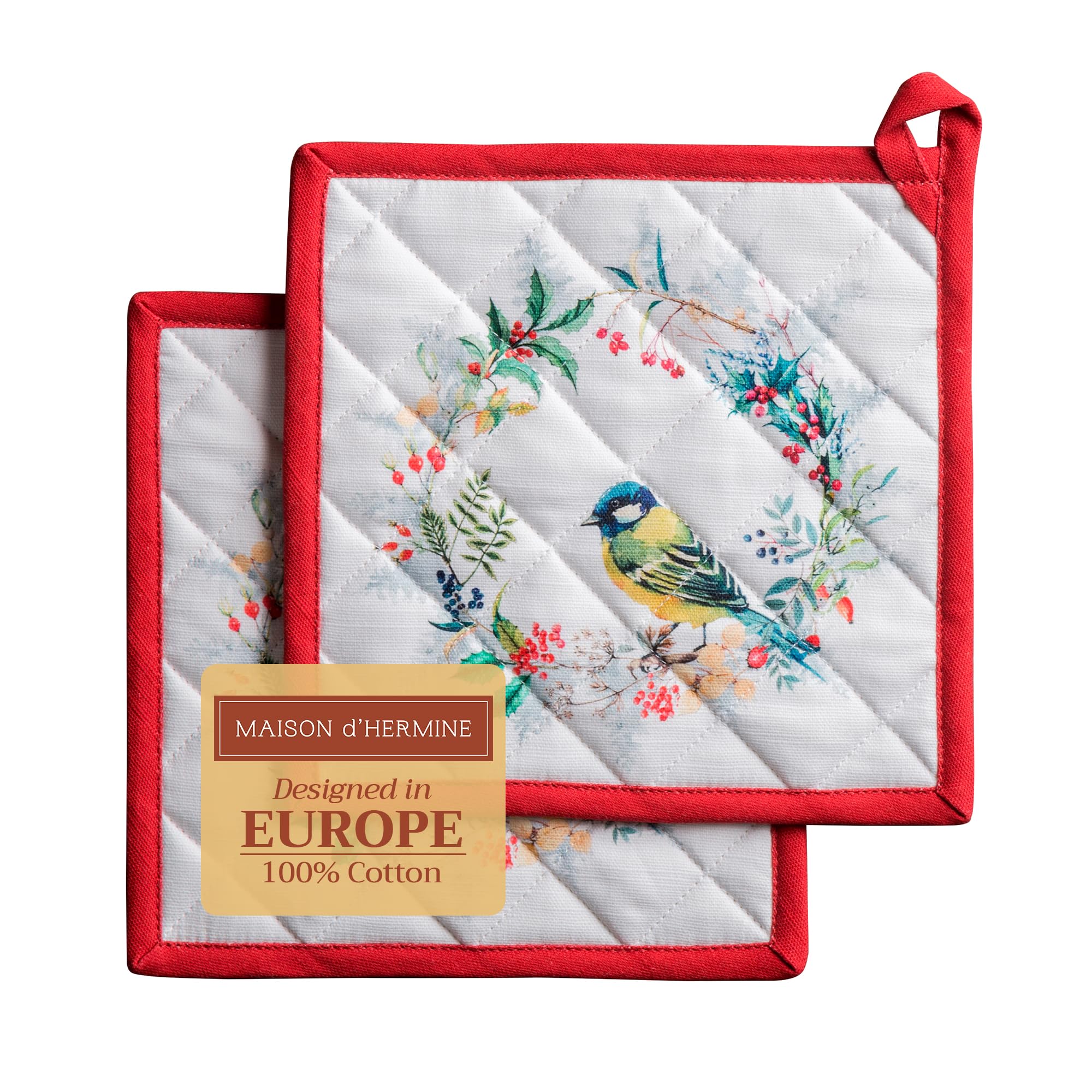 Maison d' Hermine Pot Holders Set 100% Cotton Heat Resistant Potholders 20 cm x 20 cm Hot Pads with Loop for Christmas Decorations BBQ Cooking Baking Handling Hot Pans (Pack of 2, Morzine)