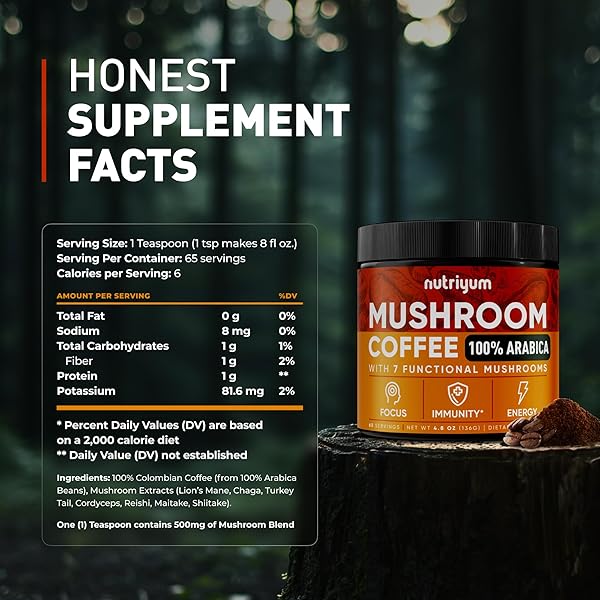 NUTRIYUM MUSHROOM COFFEE (65 SERVINGS) – 500MG 7 MUSHROOMS BLEND WITH LION’S MANE, TURKEY TAIL, CHAGA, CORDYCEPS, REISHI COFFEE – ALTERNATIVE BLEND DARK ROAST MUSHROOM COFFEE INSTANT FOR ENERGY