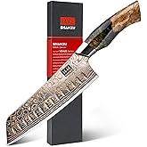SHAN ZU Damascus Santoku Knife 7 inch, Japanese Kitchen Knives Copper & Damascus Steel High Carbon 33 Layer Hand Forged Ultra Sharp Utility Chef Knife Professional Carving Knife with Maple Wood Handle