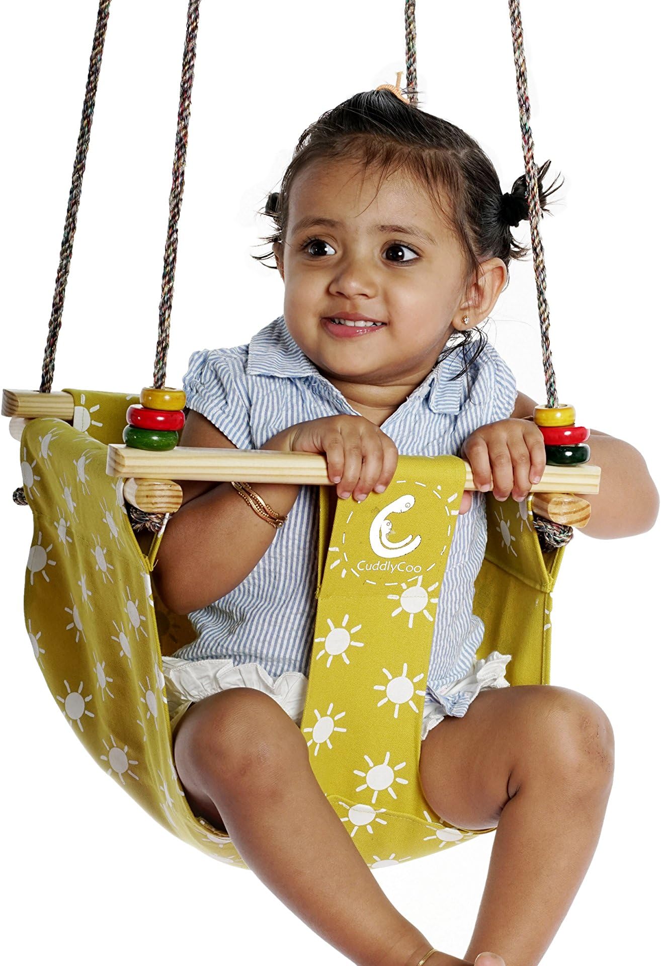 CuddlyCoo Cotton Bucket Cushioned Toddler Swing or Jhula for Baby with Play Rings and Mustard Sun