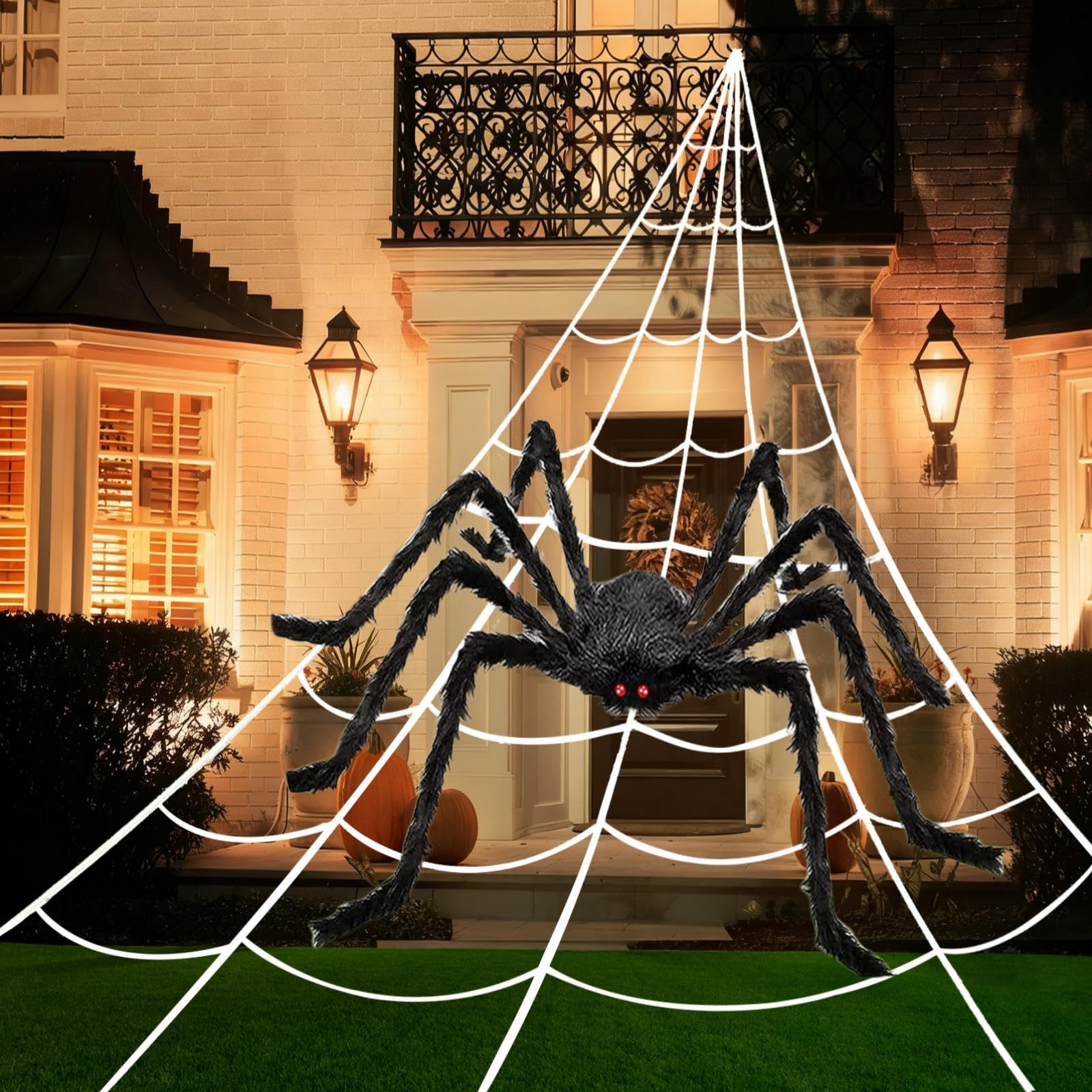 PUHPIG 200" Halloween Spider Web + 59" Giant Spider Decorations, Triangular Huge Spiders Web and Hairy Scary Fake Spider, for Indoor Outdoor Porch Yard, Scary Haunted House Party, and Halloween Décor
