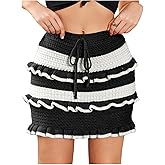 Verdusa Women's Ruffle Sweater Skirts Stripe Knit Tiered Short Bodycon Skirt Spring Fall Clothes