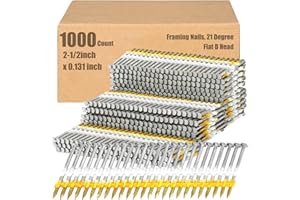 Therwen Framing Nails, 21 Degree, Flat D Head, Galvanized, Ring Shank, Plastic Row Fixed, 21 Degree Framing Nails for Use in All Pressure Treated Lumber (1000 Count,2-1/2 Inch X 0.131 Inch)