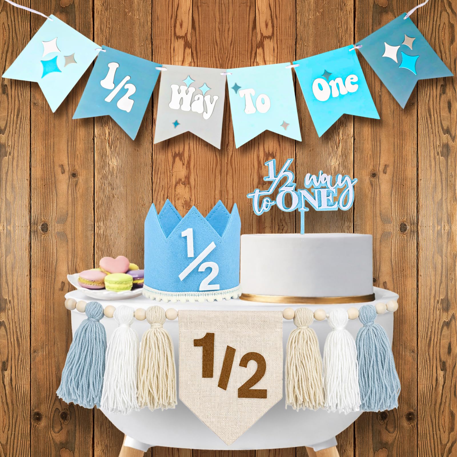 View 1 of 1/2 Birthday Boy Half Birthday Decorations – 4PCS Khaki 6 Month Party Set with 1/2 Way to One Banner, Halfway High Chair Banner, Cake Topper and Hat for 6 Month Baby Boy Photo Shoot Decor