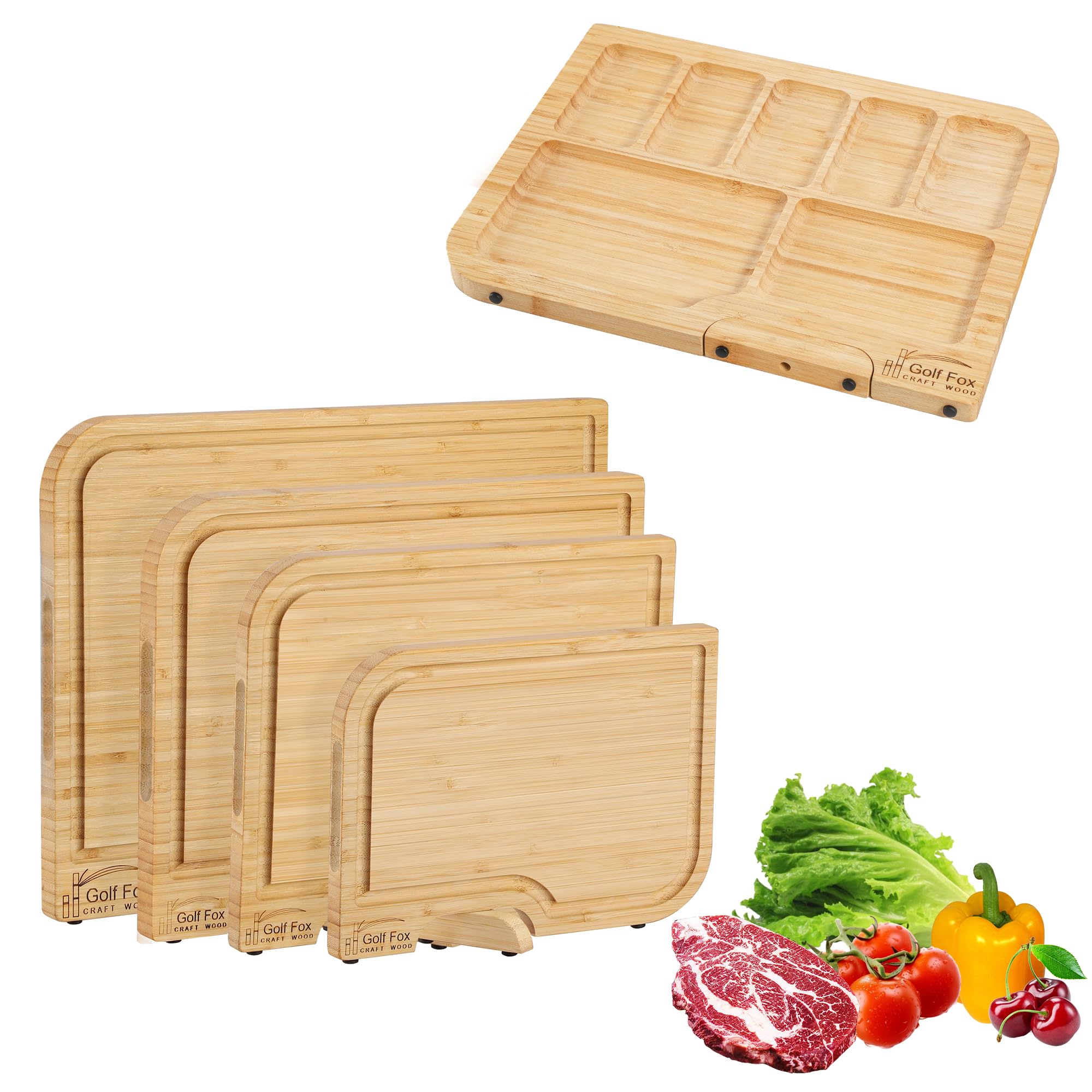 4-PCS Bamboo Cutting Board Set, Wood Cutting Board for Kitchen with Innovative Stand, Juice Groove & Handle, Double Sided for Chopping & Charcuterie Board, Kitchen Gift for Home Cooks, For Meat &Fruit