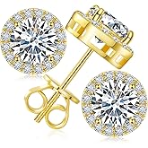 Moissanite Halo Earrings Stud Screw Back 0.2-8.0ct 3-10mm 18K White Gold Plated 925 Sterling Silver Lab Round Cut Brilliant Moissanite Halo Earrings for Women Men