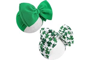 Lanmerry St. Patrick's Day 7 Baby Girl Nylon Hair Accessories: Clover Printed Elastics Bows Headbands for Newborn, Infant, Toddler (Green, 2Pcs)