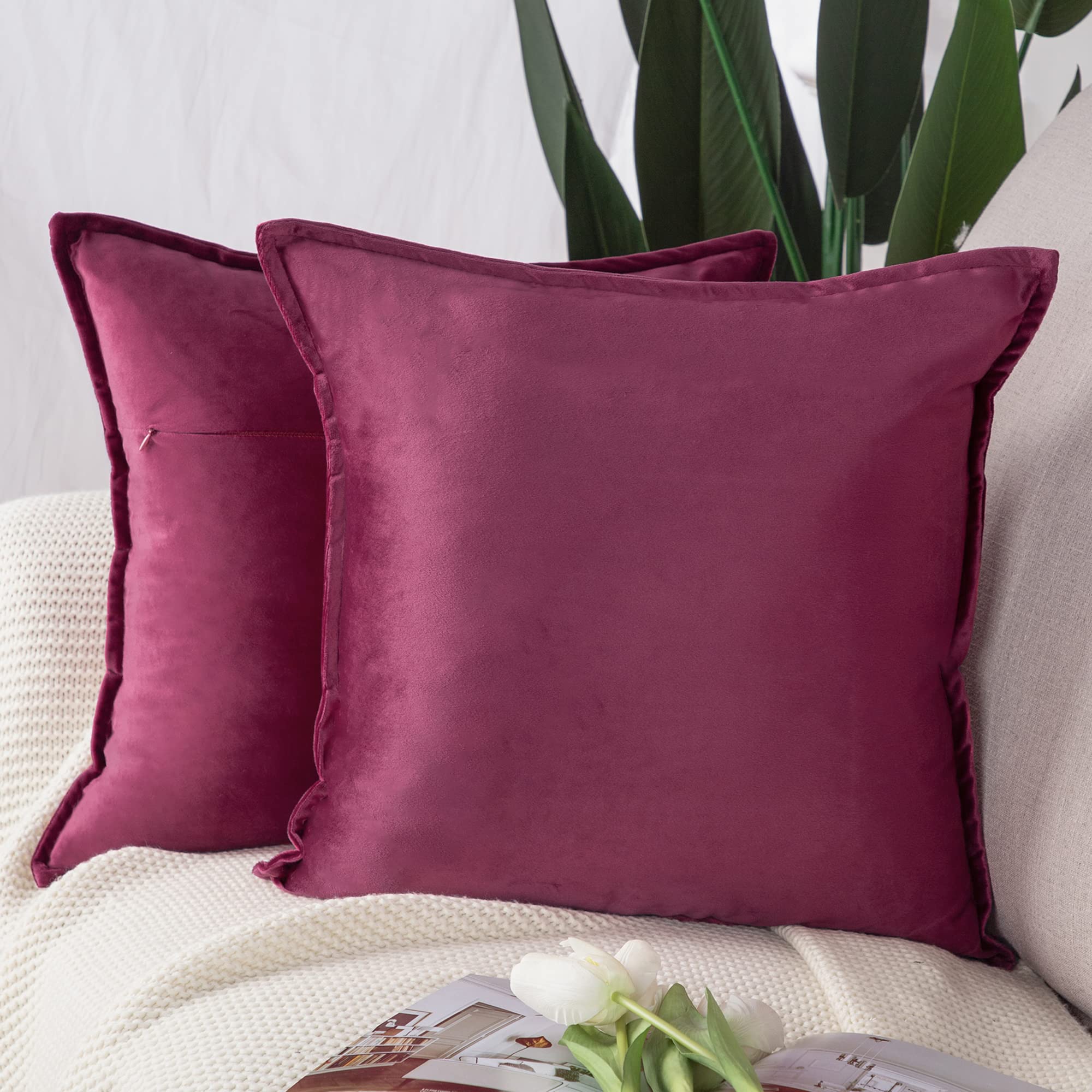 Madizz Pack of 2 Super Soft Velvet Decorative Cushion Covers with Fringe Luxury Style Cushion Case European Pillow Shell for Sofa Bedroom Square Burgundy 26x26 inch, 65x65 cm