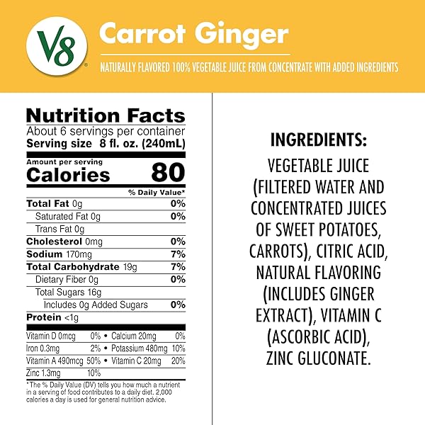 V8 CARROT GINGER 100% VEGETABLE JUICE, 46 FL OZ BOTTLE