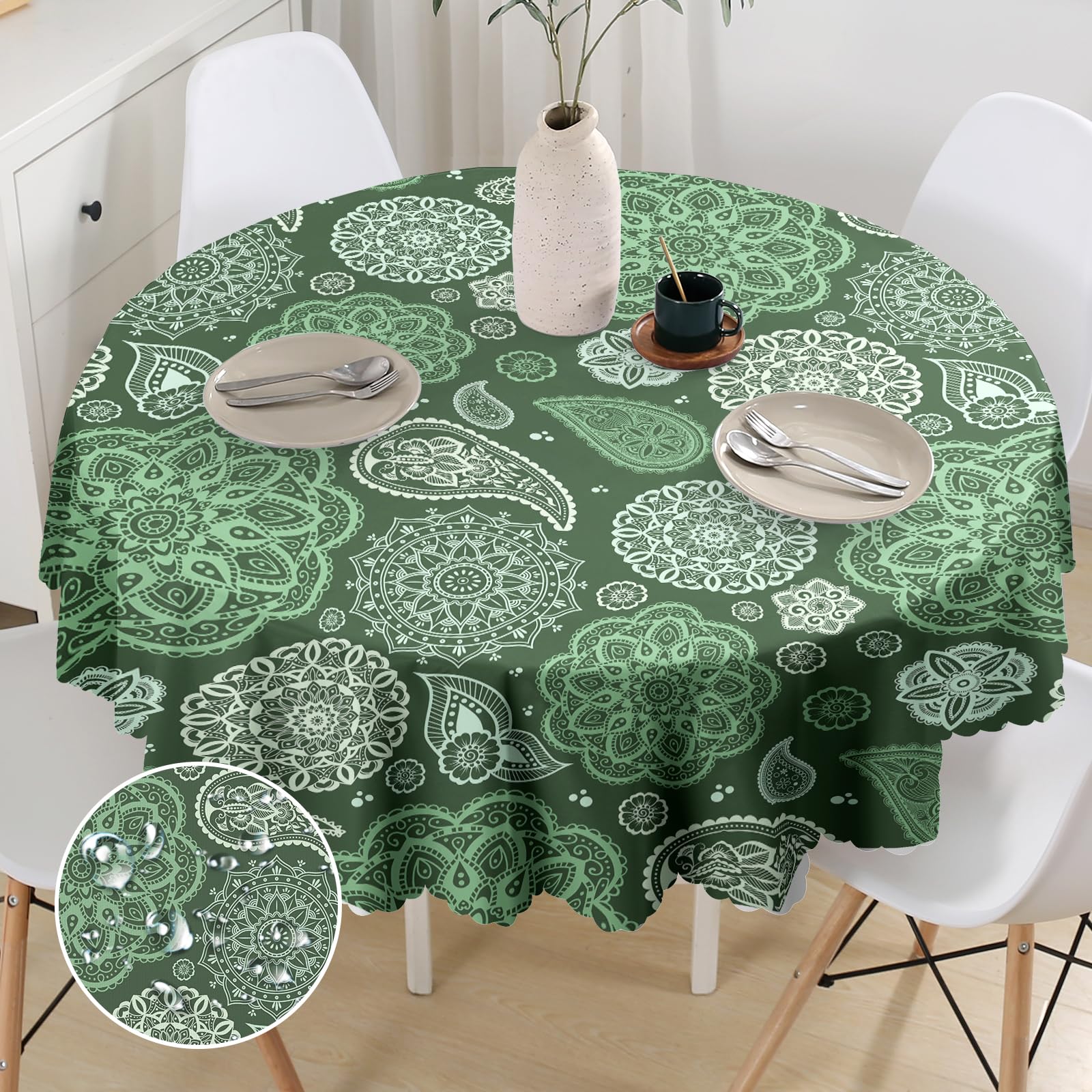 iEvery Green Paisley Round Tablecloth 150cm, Wipe Clean Polyester Table Cloth Waterproof Wipeable Circular Table Cover for Kitchen Dinning Garden Party Picnic Patio Outdoor