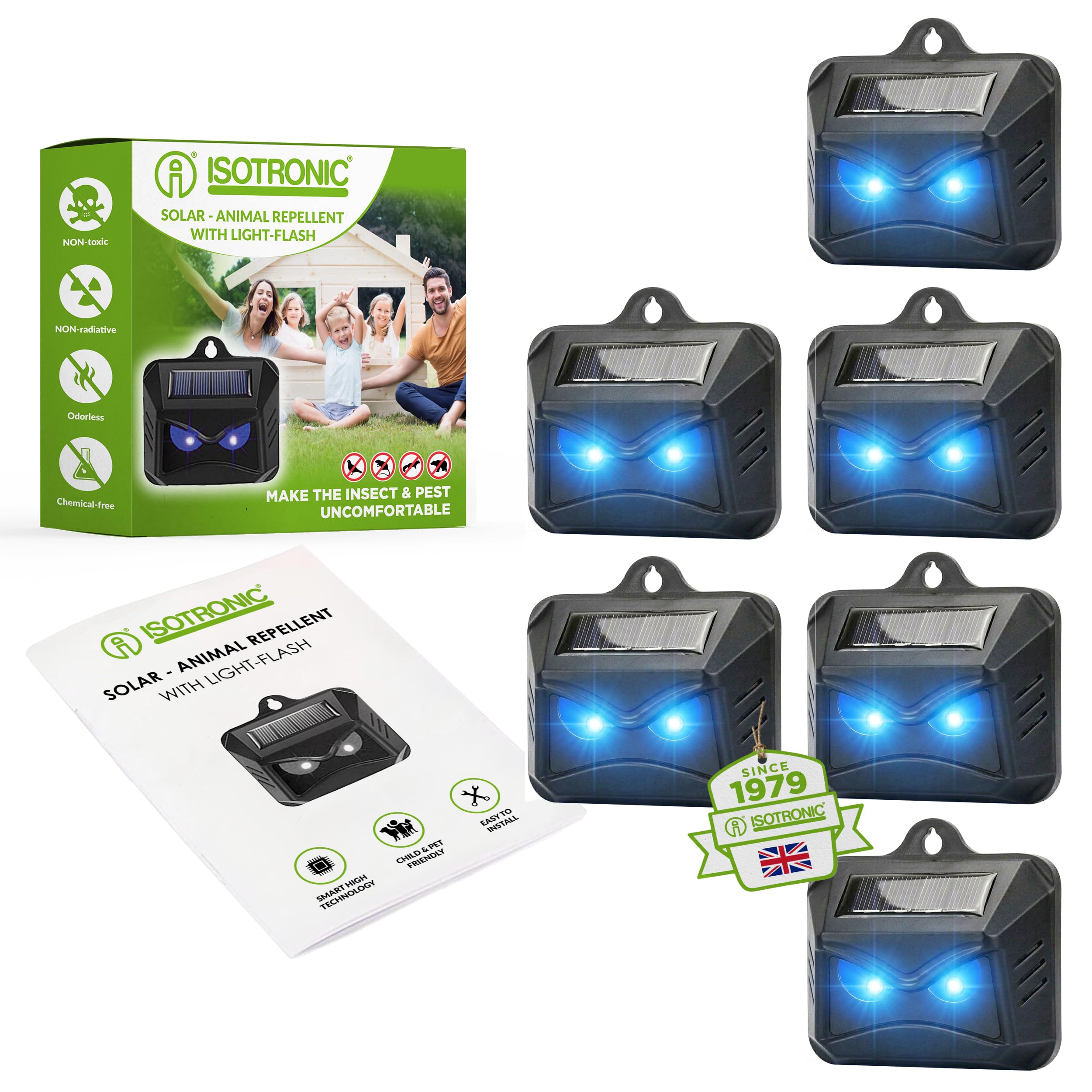 ISOTRONIC Solar Repellent Against Wild Animals Such As Raccoons, Deer, Foxes, Boars, Etc. - 6 Effective Repellents with Blue LED Light