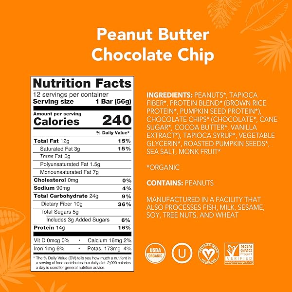 ALOHA ORGANIC PLANT BASED PROTEIN BARS |PEANUT BUTTER CHOCOLATE CHIP | 1.98 OZ (PACK OF 12) | VEGAN, LOW SUGAR, GLUTEN FREE, PALEO, LOW CARB, NON-GMO, STEVIA FREE, SOY FREE, NO SUGAR ALCOHOLS