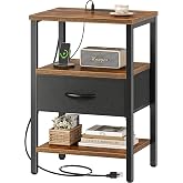 SUPERJARE Nightstand with Charging Station, USB-C Port, Bedside Table | Night Stand for Bedroom, with Adjustable Fabric Drawer, 3-Tier Storage, Industrial End Table, Rustic Brown &amp; Black