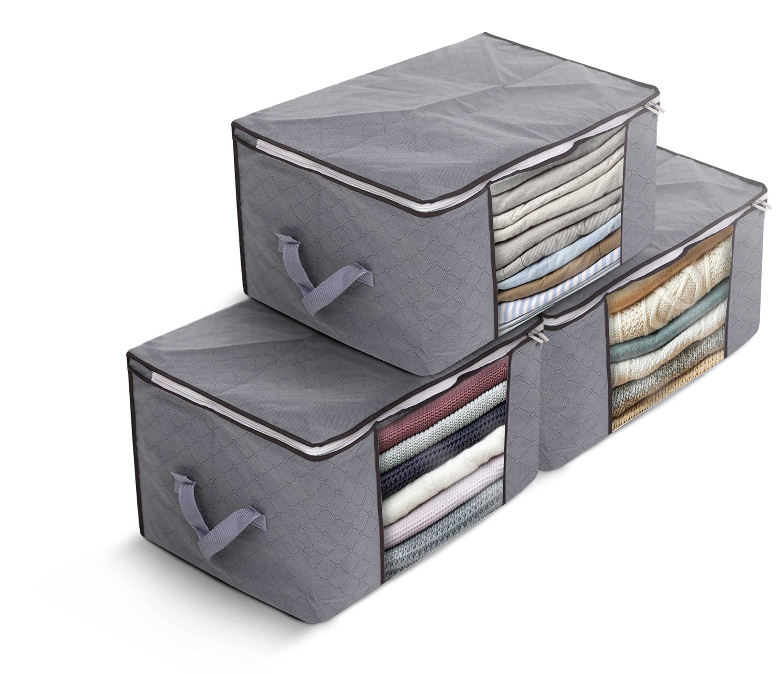 Delka 90L Storage Bags with Lids, Large Storage Boxes with lids, Storage Unit for Clothes, Duvets, Blankets, Toys, Pack of 3 Foldable Organizers with Reinforced Handles and Clear Window - Grey