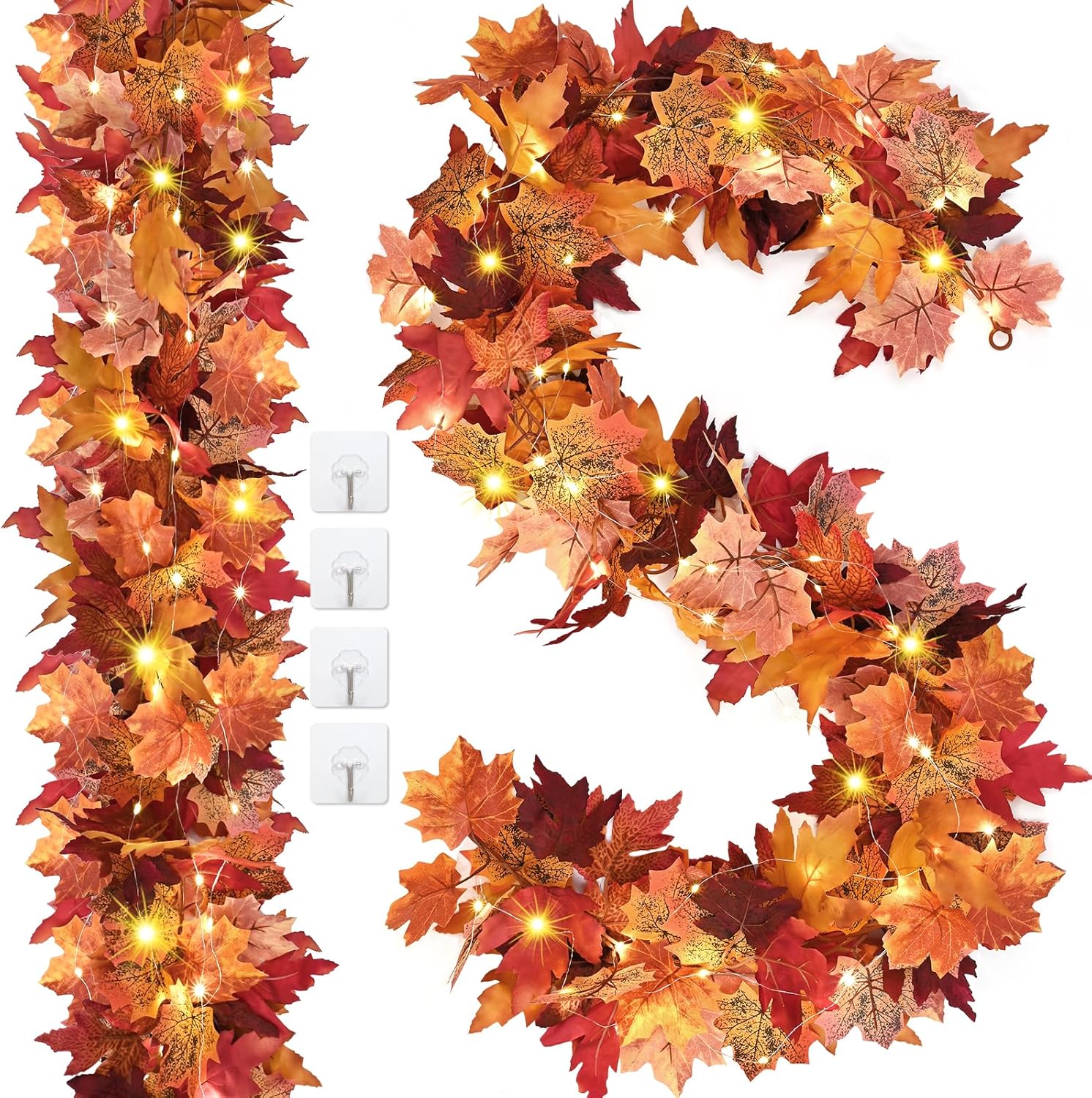 Wreaths, Garlands & Swags - Waipfaru 2 Pack Fall Leaves Garland with Lights - 5.7 Ft/Piece Lighted Autumn Leaf Garland Decoration, Artificial Fall Garland for Wedding Outdoor Mantle Thanksgiving Decor (Mixed - Red)