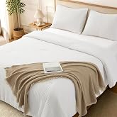 Waffle Weave Comforter Set Queen Size, Cozy Breathable 100% Cotton Shell | Lightweight Fluffy Textured Bedding 3 Pieces, 1 Comforter and 2 Pillow Shams for All Season, Luxury Home Decor(White)