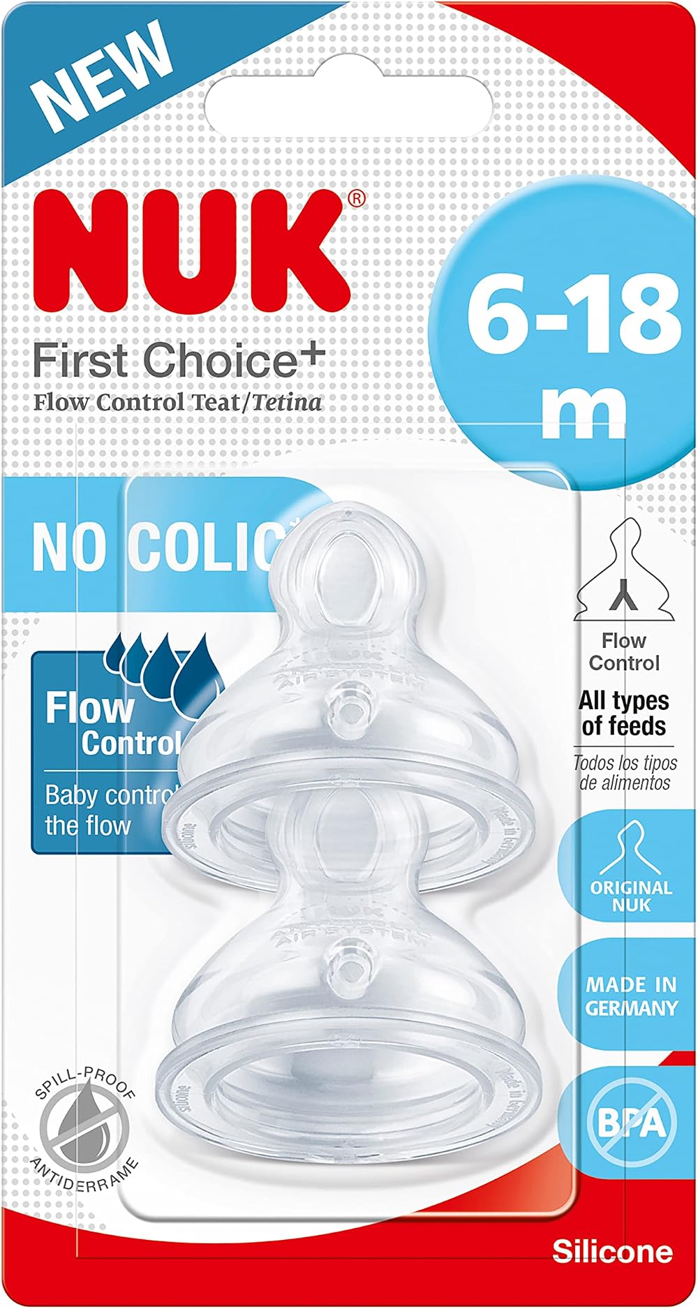 NUK First Choice+ Teats 6-18 Months Flow Control Anti-Colic 2 Count