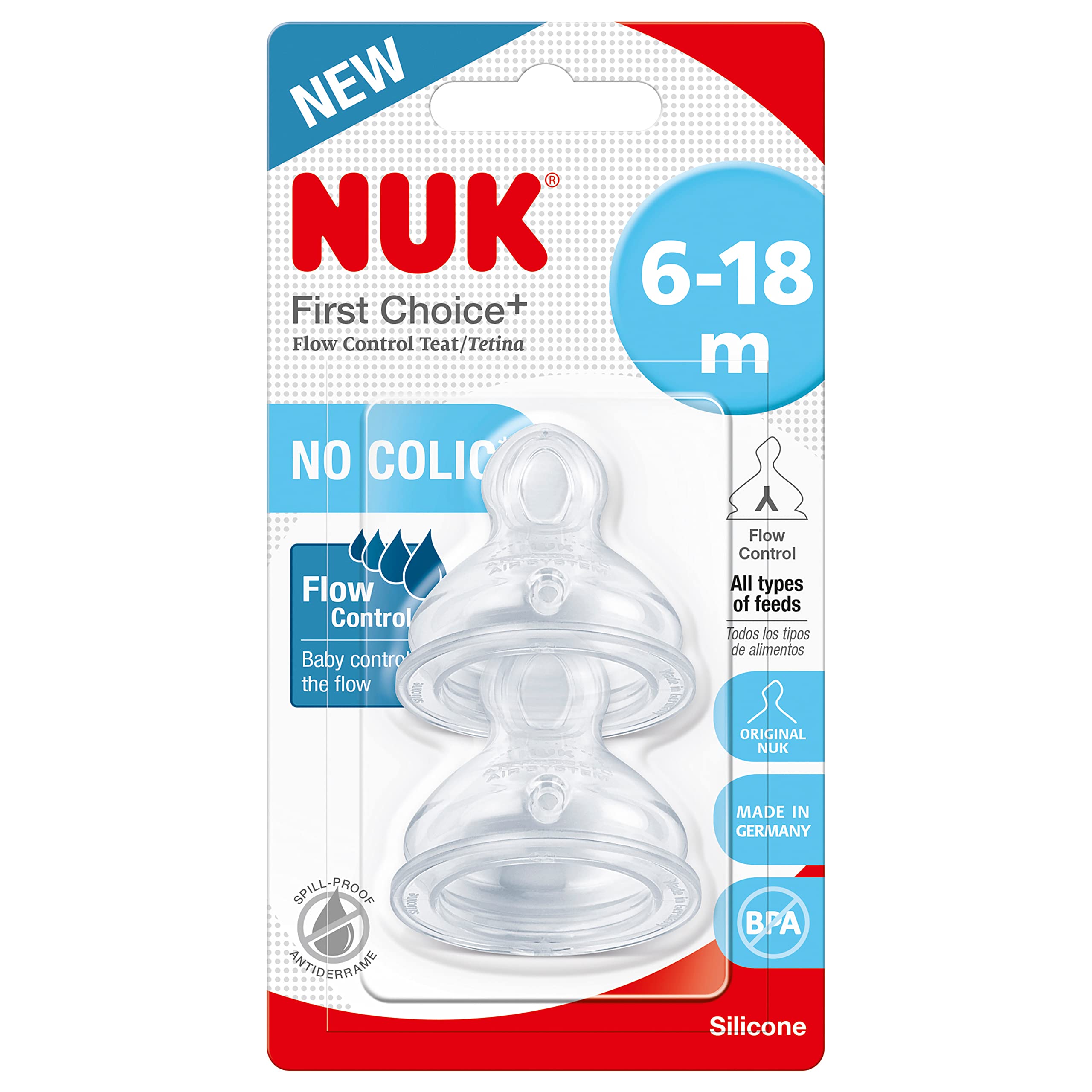 NUK First Choice+ Teats for Baby Bottles | 6-18 Months | Flow Control | Anti-colic Vent | BPA-free | 2 Count โ image 1