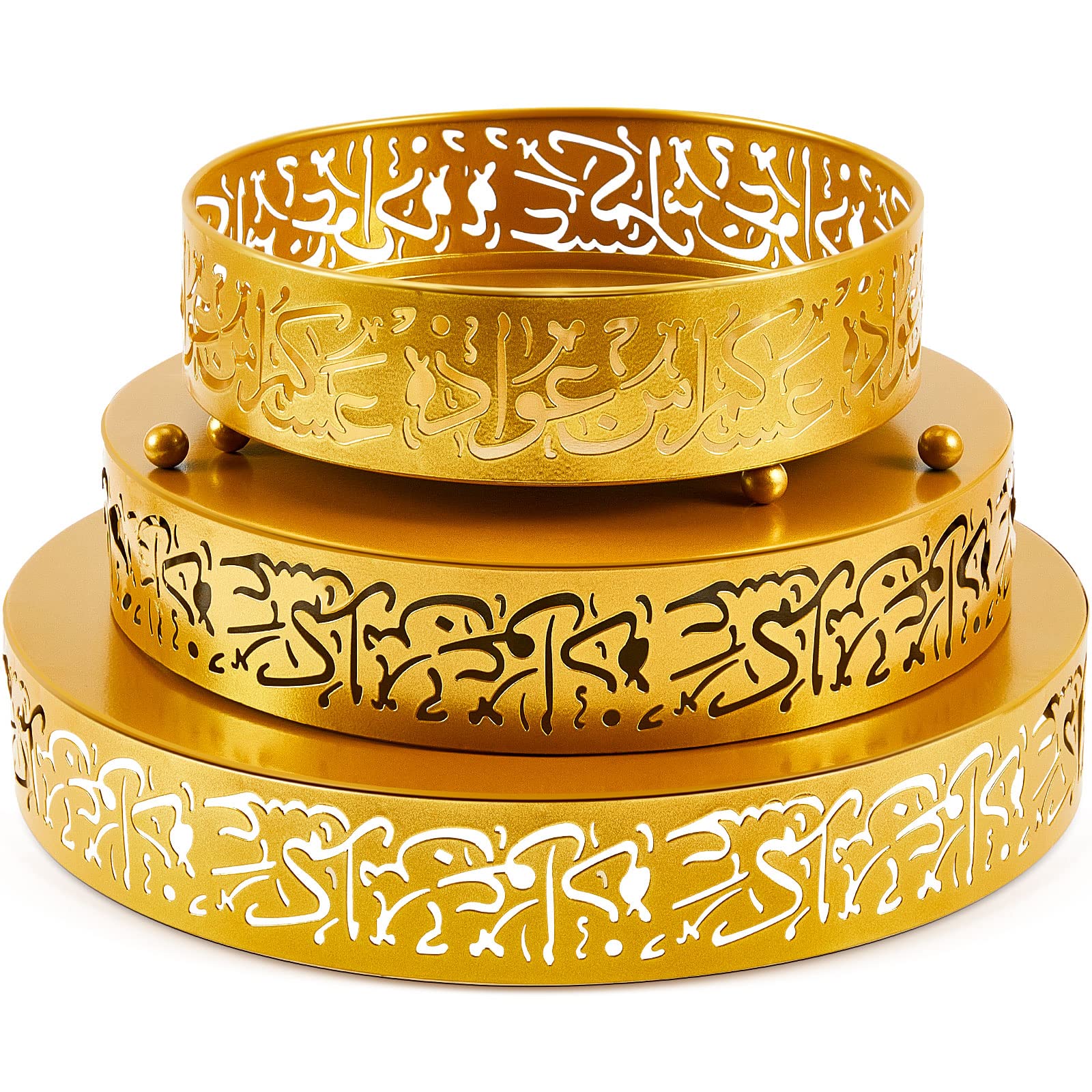 Photo 1 of Ramadan Serving Trays - 3 Pieces Iron Gold Round Platter, 3 Sizes Eid Candy Dish, Muslim Pastry Snacks Dessert Holder for Ramadan Mubarak Party Supplies Home Decor