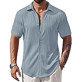 VOGSTART Mens Summer Textured Shirts Short Sleeve Casual Button Down Shirt Beach Vacation Tops (S-XXL)