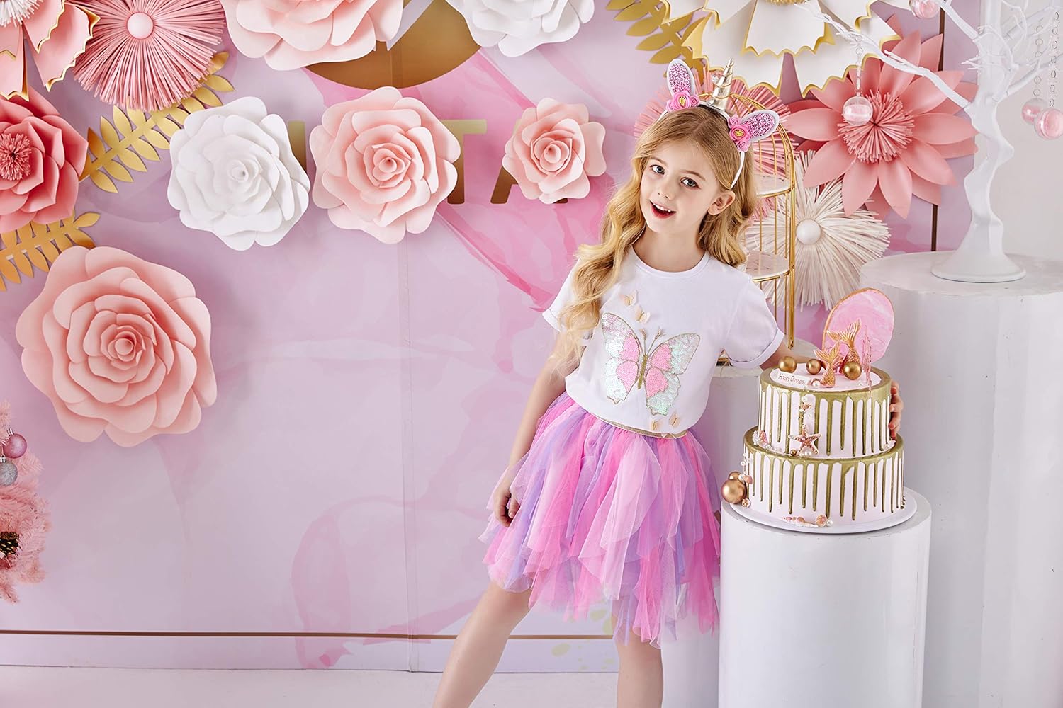 DXTON Girls Rainbow Flower Tulle Skirt Toddler Tutu Girls Clothes: Clothing