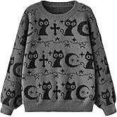 SHENHE Women's Oversized Goth Cartoon Pattern Ripped Round Neck Sweater Pullover Top
