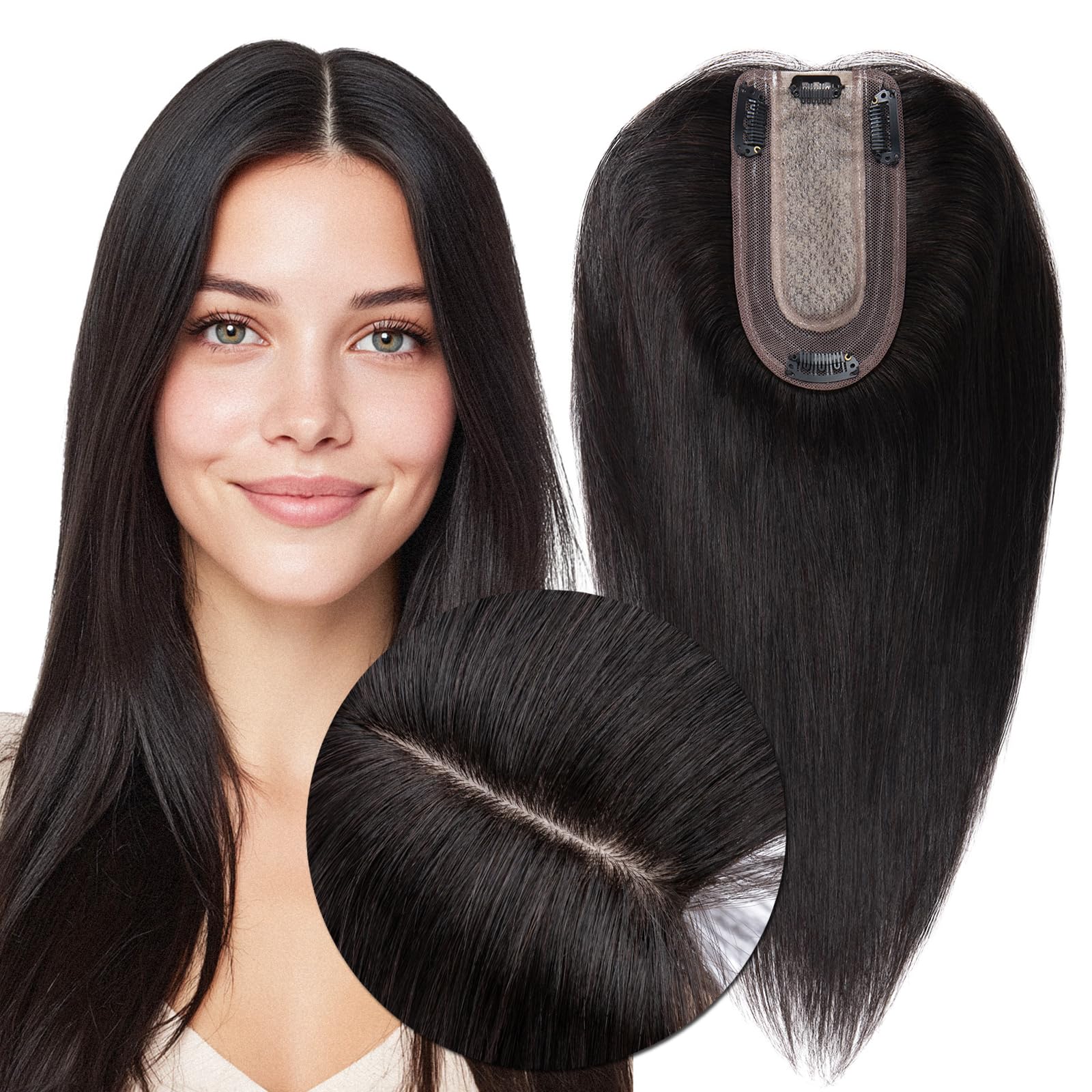 Photo 1 of MY-LADY Human Hair Toppers for Women Real Human Hair Thin 7 * 13CM Silk Base with Lace Clip in Remy Hairpieces 150% Density 16 Inch Natural Black