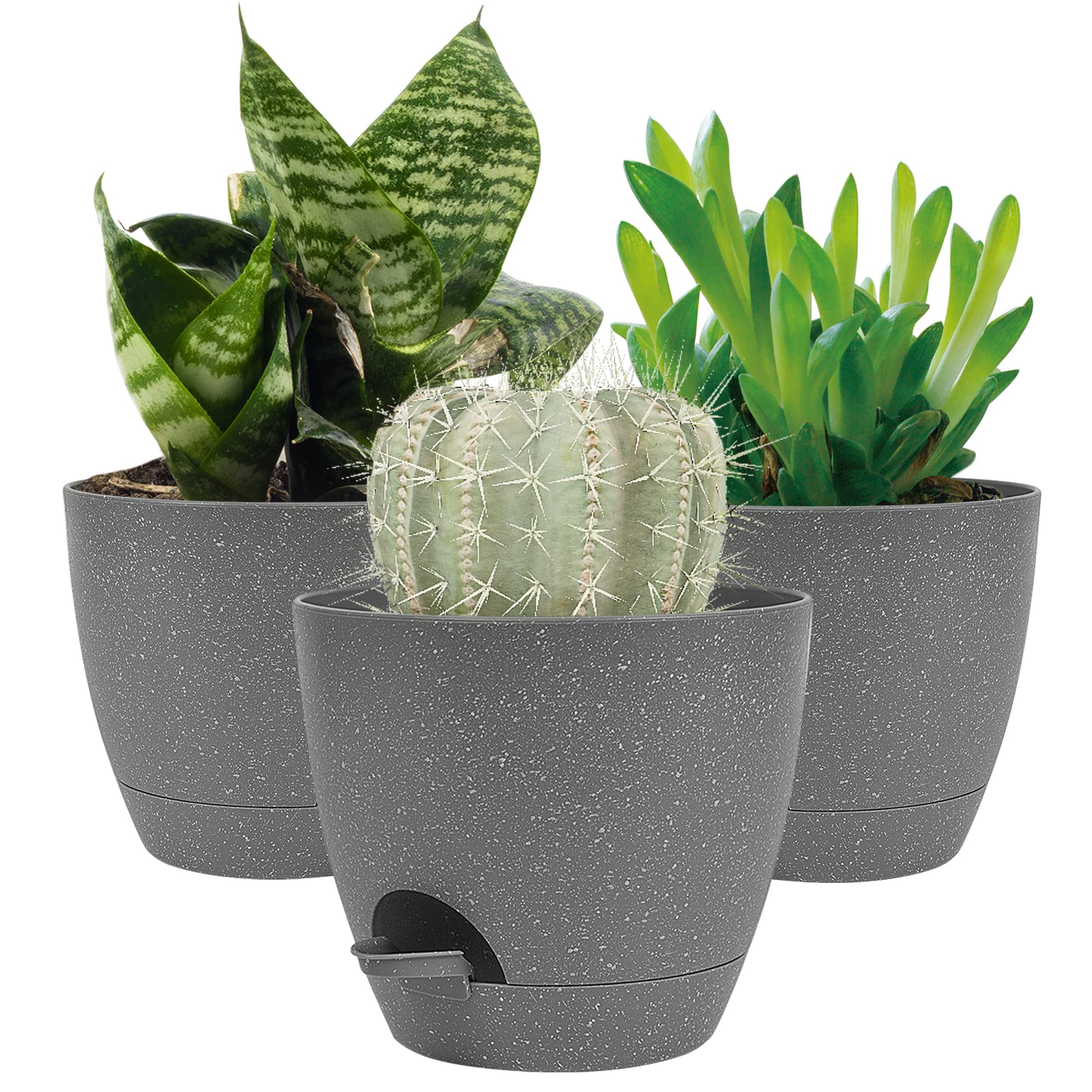 20CM Plant Pots Indoor,Self Watering Plant Pots of 3,Flower Pots with Drainage Holes and Trays,Decorative Modern Suitable for flowers,Snake Plant,Orchid,Lily, Aloe,Violet and House Plant(Grey)