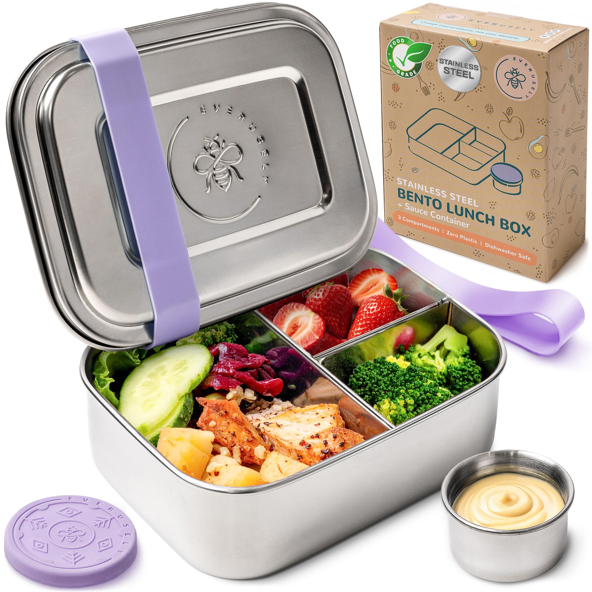 Photo 1 of Everusely - Bento Box - Lavender, 27oz / 0.8 L - Stainless Steel Lunch Box with Leakproof Condiment Container - 3 Compartment Snack Organizer for On the Go Meals - Freezer & Dishwasher Safe