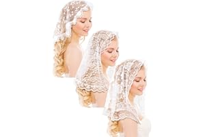 Fourluoo 3 Pcs Mantilla Catholic Veil for Church Chapel Lace Christian Veils Head Covering Scarf for Bridal Women