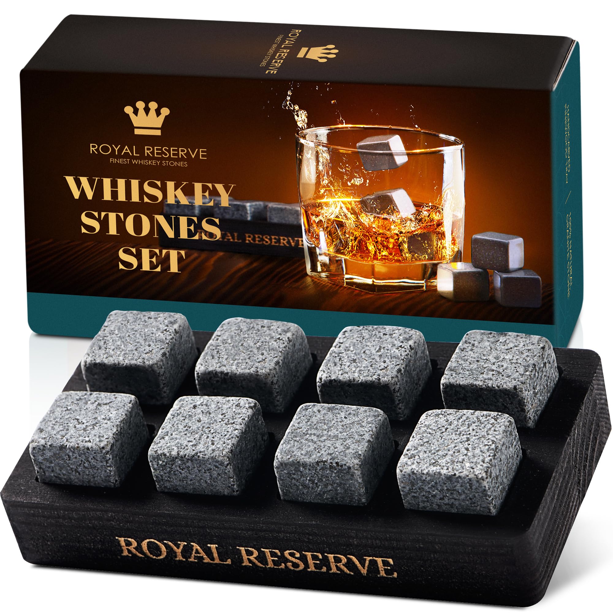Whisky Gifts for Men - Whisky Stones Set with Reusable Chilling Stones in Black Wood Tray – Bourbon Ice Cubes for Men's Gifts by Royal Reserve