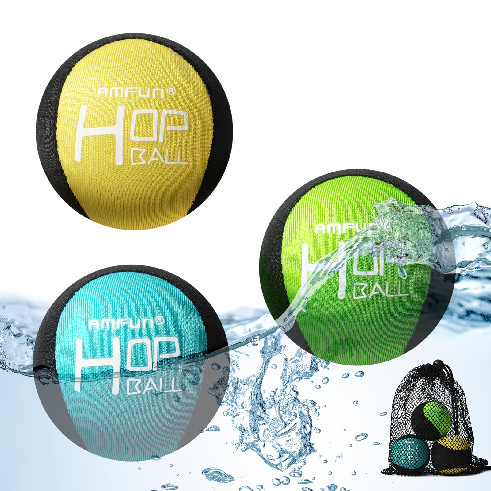 AMFUN 3PCS Funny Pool Toys - Soft Quick-drying Water Jumping Balls with Net Storage Bag for Pool Beach