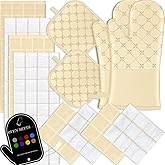 Oven Mitts Kitchen Towels Dishcloths with Pot Holders Sets 12PCS, Dish Towels Sets, Oven Gloves Pot Pads Heat Resistant 500 Degrees with Non-Slip Silicone Surface for Cooking Baking Grilling-Beige