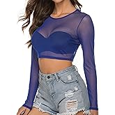 Avidlove Women Mesh Crop Top Long Sleeve See Through Shirt Sheer Blouse O Neck Clubwear S-4XL