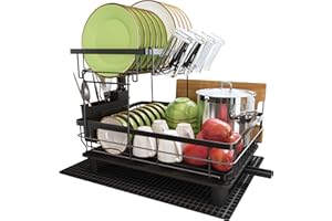 Boosiny Dish Drying Rack, 2 Tier Dish Rack with Drainboard, Rustproof Dish Drainer with Cup Holder, Utensil Holder, Cutting-B
