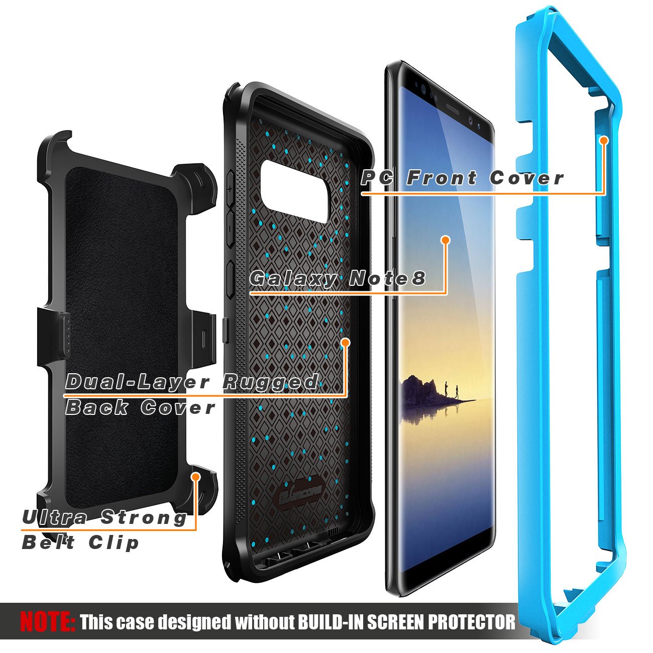 Galaxy Note 8 Case, eSamcore Full Body Protection Shockproof Case Cover with Rugged Heavy Duty Holster Clip Kickstand [WITHOUT Built-in Screen Protector] for Samsung Note 8 2017 [Blue]
