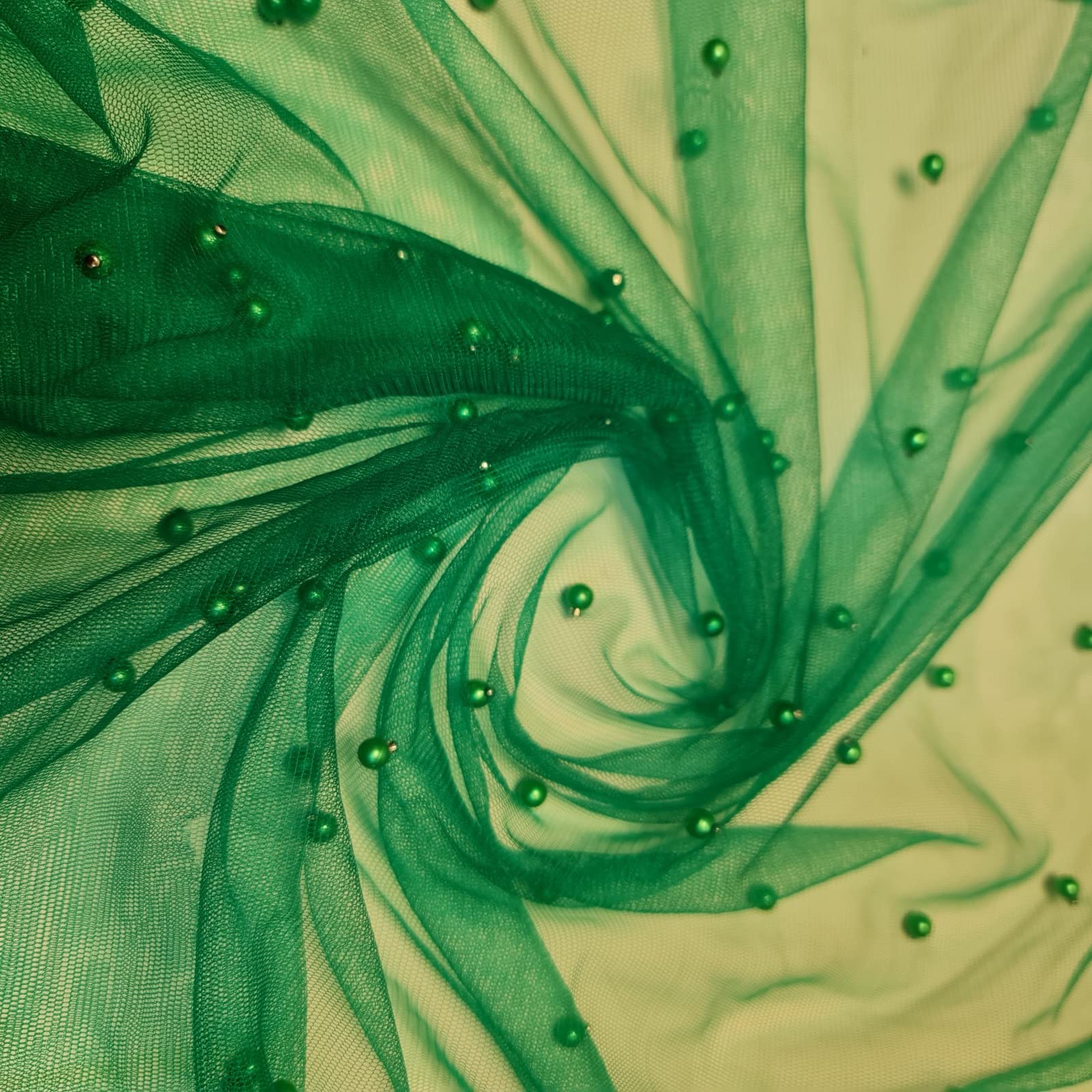 Tulle Beaded Pearl Lace Net Fabric Bridal Veil Wedding Backdrop Décor 58" - 150cm Wide Sold As 1 Meter Pre - Cut Lengths (Green)