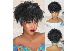 DEYNGS Kinky Curly Headband Wig Black Afro Headband Wigs Black Afro Puff Wig With Bangs Wrap Wrap 2 in 1 for Women Synthetic Half Wigs